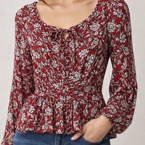 Anthropologie Feather Bone Latrobe Floral Lace Up‎ Smocked Peplum Blouse 2 Boho